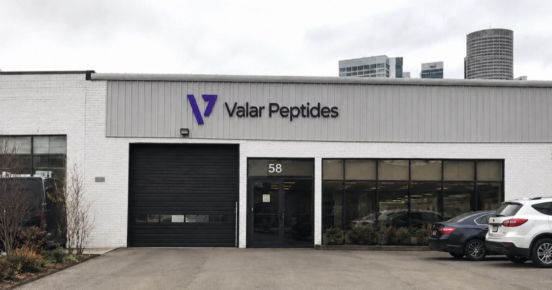 The Valar Peptides building, unit 58, with the company name on the front of the unit